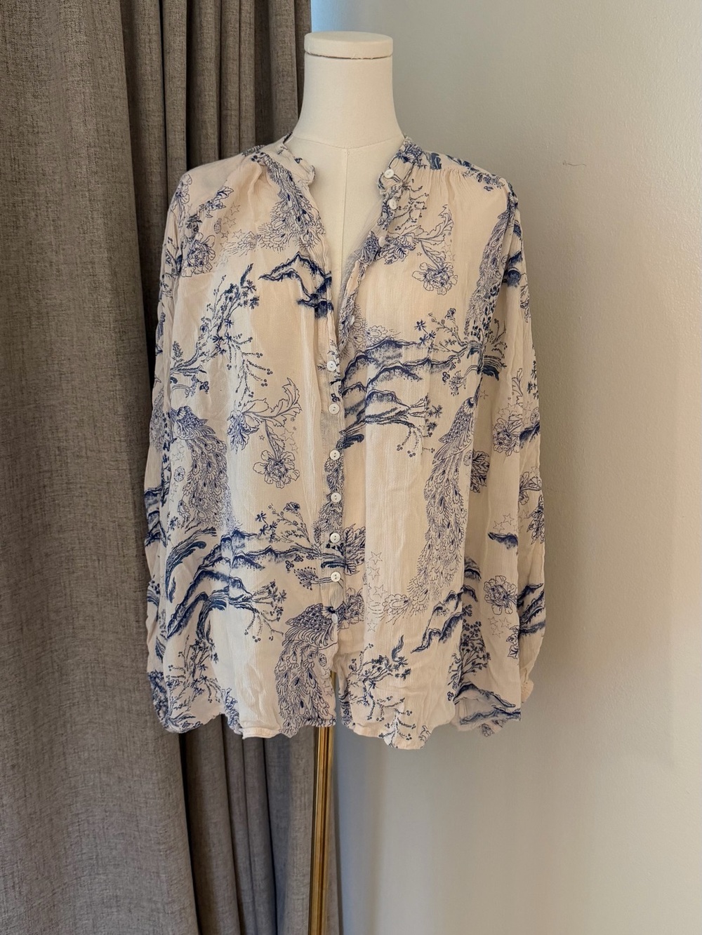 Free People Blue and White Printed Button-Down Shirt